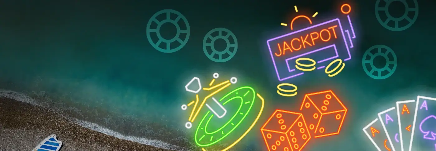 Pokiesurf casino neon symbols above an Australian beach